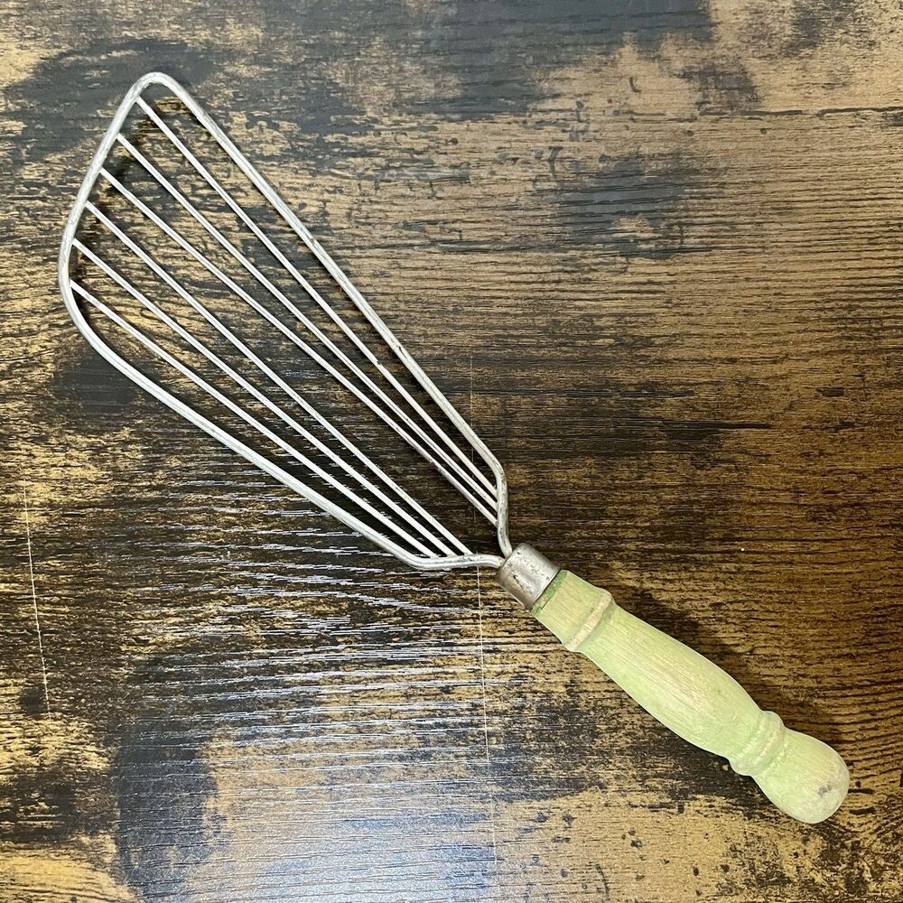 Vintage Farmhouse Kitchen Utensil Green Wooden Handle Whisk Turner